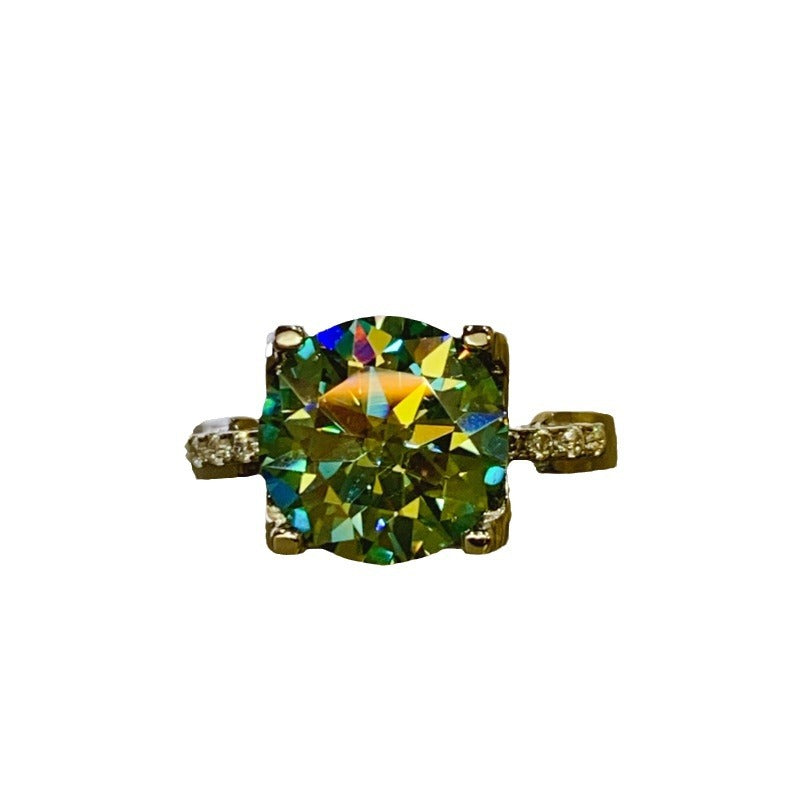 Green Moissanite Solitaire Ring with Side Accents for Women, Round Cut Geometric Statement Ring product image