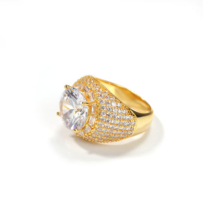 Unisex Gold Plated Cubic Zirconia Statement Ring - Round Halo Hip Hop Style Band