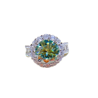 3 Carat Green Moissanite Halo Ring for Women, Round Geometric Engagement Style Ring, Sizes 8-19
