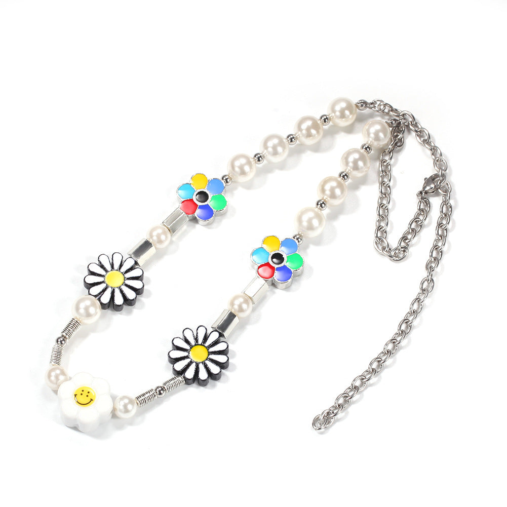 Unisex Pearl Daisy Skull Pendant Necklace – Trendy Statement Chain for Women & Men product image