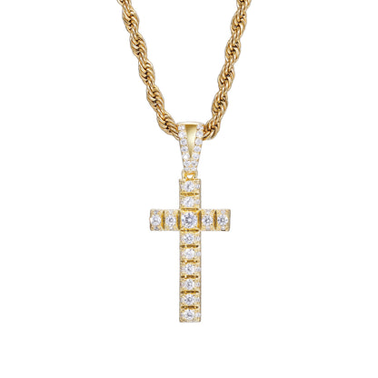 Iced Out Cross Pendant Cuban Link Necklace in Gold Tone with Cubic Zirconia