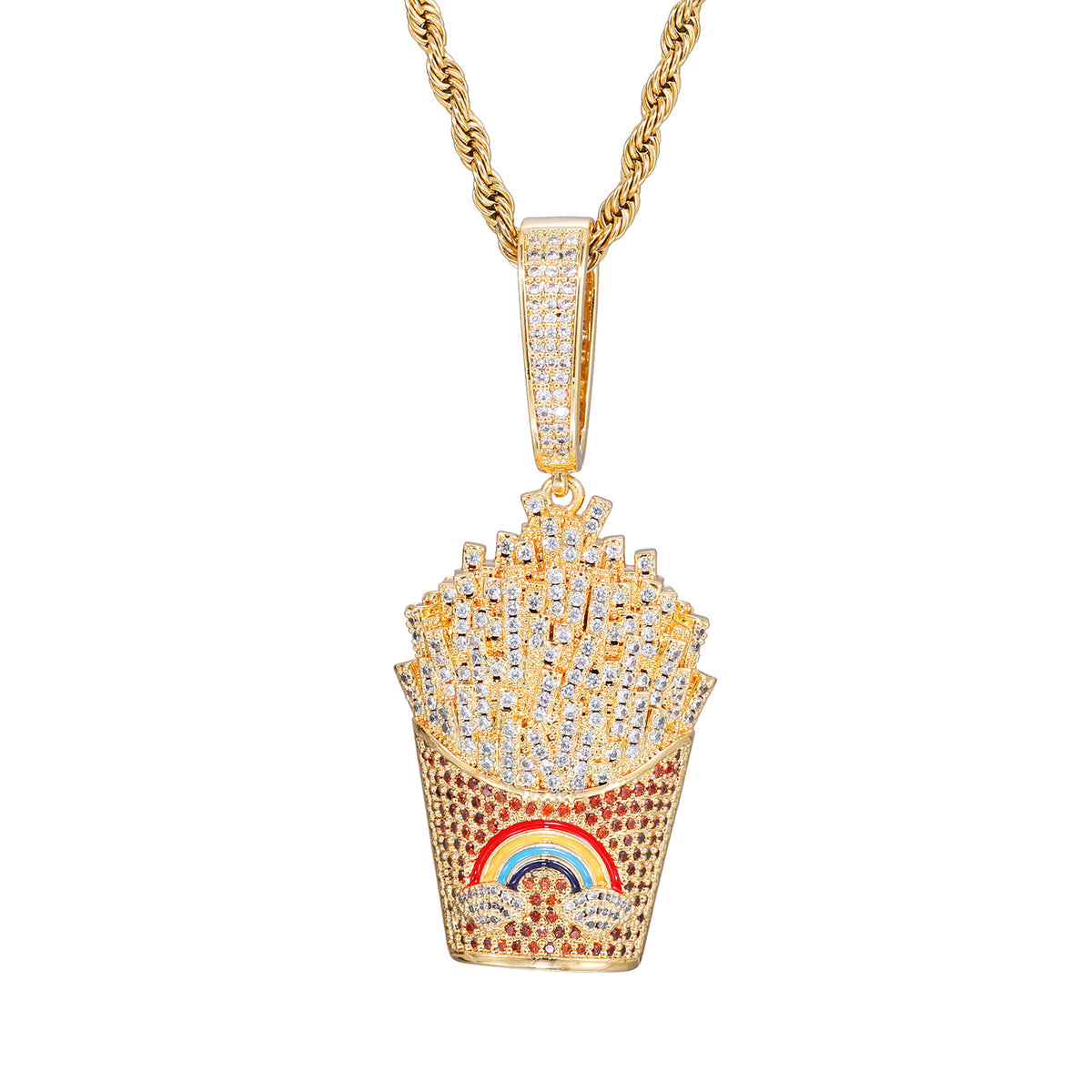 Iced Fry Pendant Necklace with Zircon Detail and Rope Chain product image