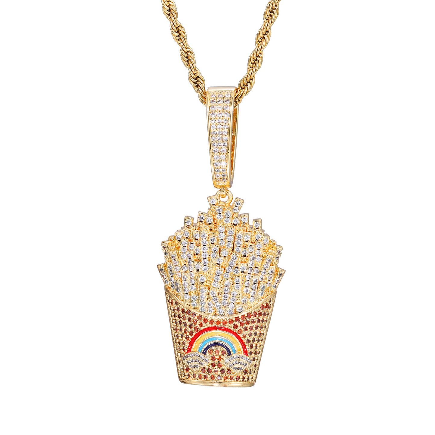 Iced Fry Pendant Necklace with Zircon Detail and Rope Chain product image