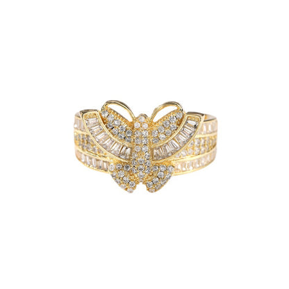 Adjustable Gold Plated Butterfly Ring for Women with Cubic Zirconia - Elegant Statement Open Ring