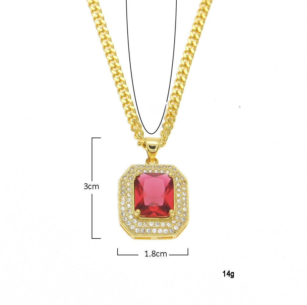 Gold Plated Blue Cubic Zirconia Rectangle Pendant Necklace with 60cm Cuban Chain product image