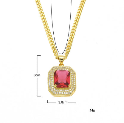 Gold Plated Blue Cubic Zirconia Rectangle Pendant Necklace with 60cm Cuban Chain