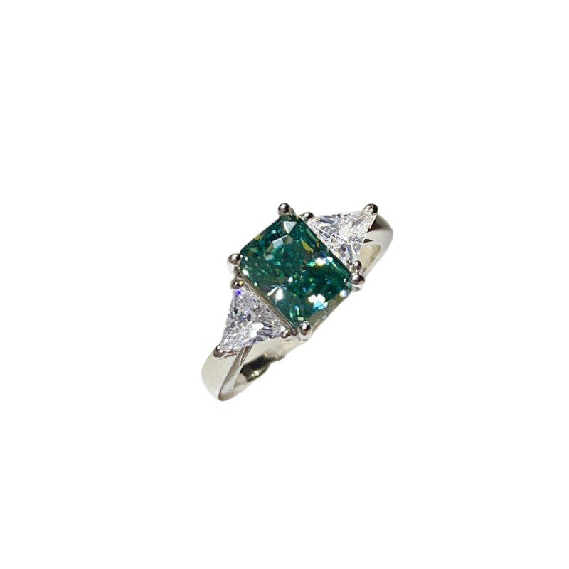 Green Moissanite Geometric Ring with Triangle Side Stones for Women product image