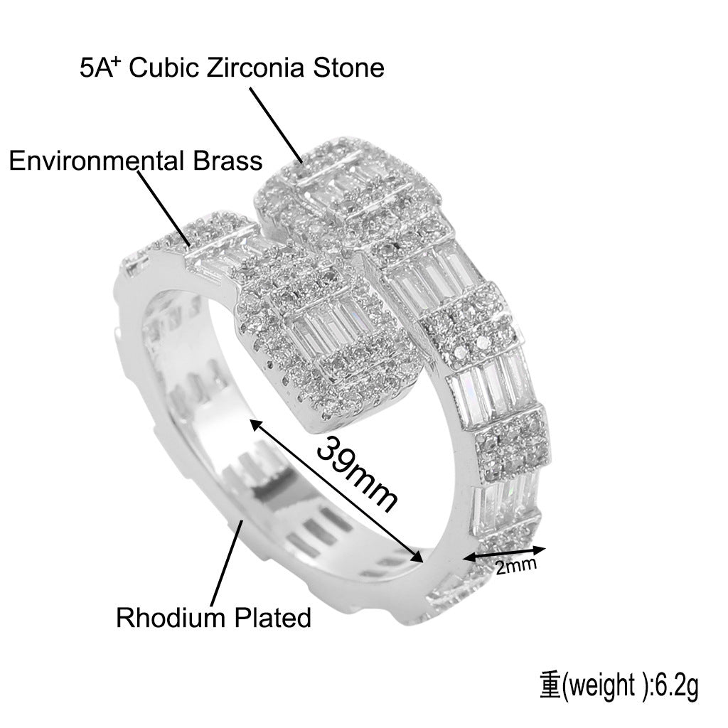 Hip Hop Light Luxury Square Cubic Zirconia Ring for Men and Women