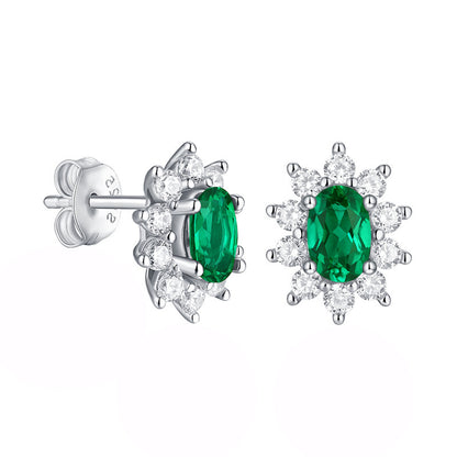Lab-Created Emerald Oval Halo Stud Earrings, S925 Silver