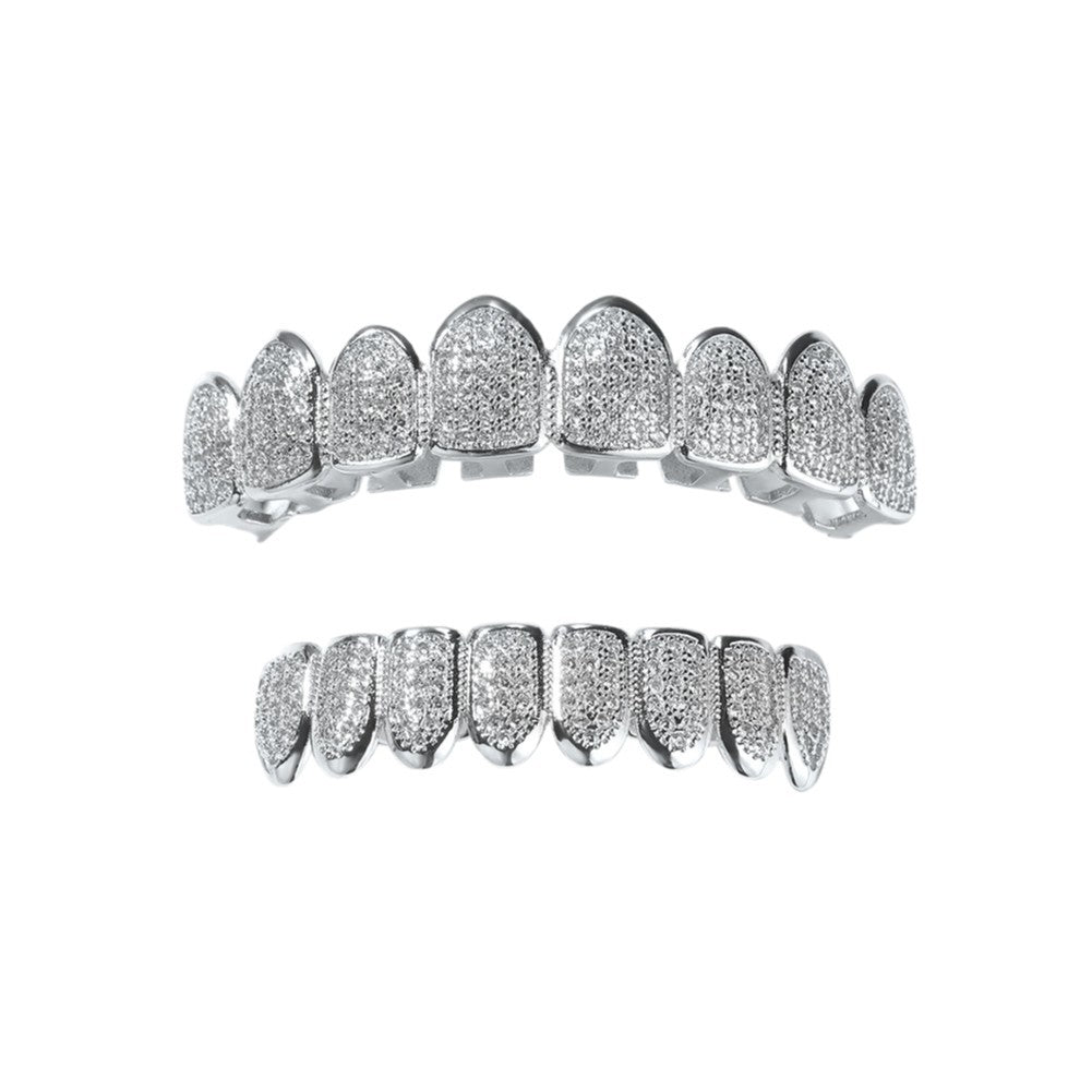 Gold & Silver Full Cubic Zirconia Hip Hop Grillz Set for Top and Bottom Teeth Statement Jewelry