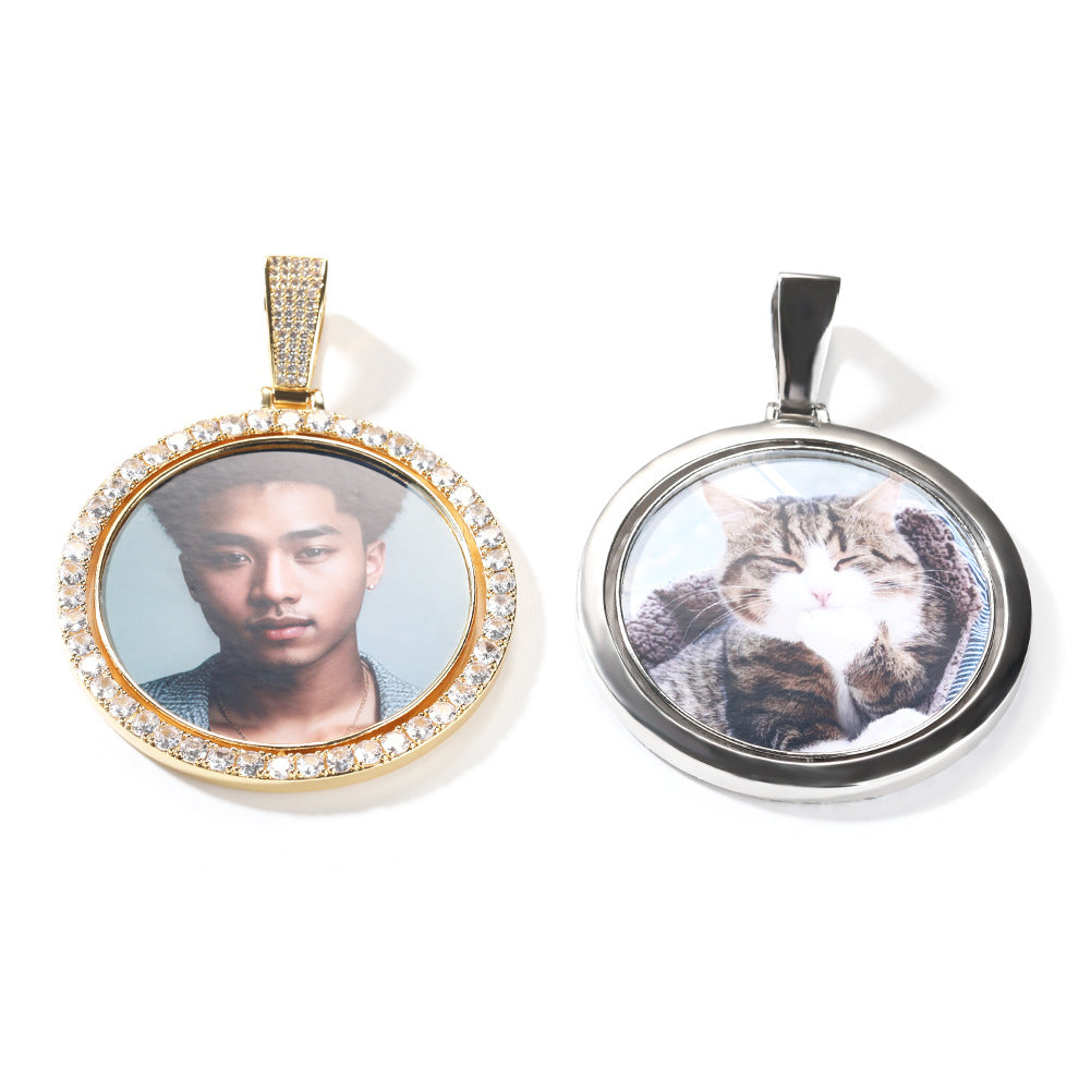 Custom Double-Sided Rotating Photo Pendant Necklace with Cubic Zirconia Round Charm Chain for Women