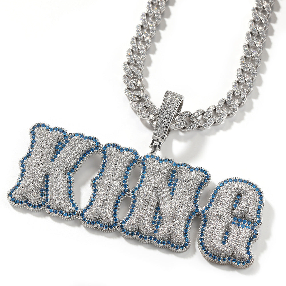 Silver-tone King bubble pendant with blue edge and chain product image