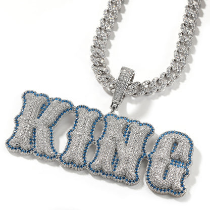 Silver-tone King bubble pendant with blue edge and chain