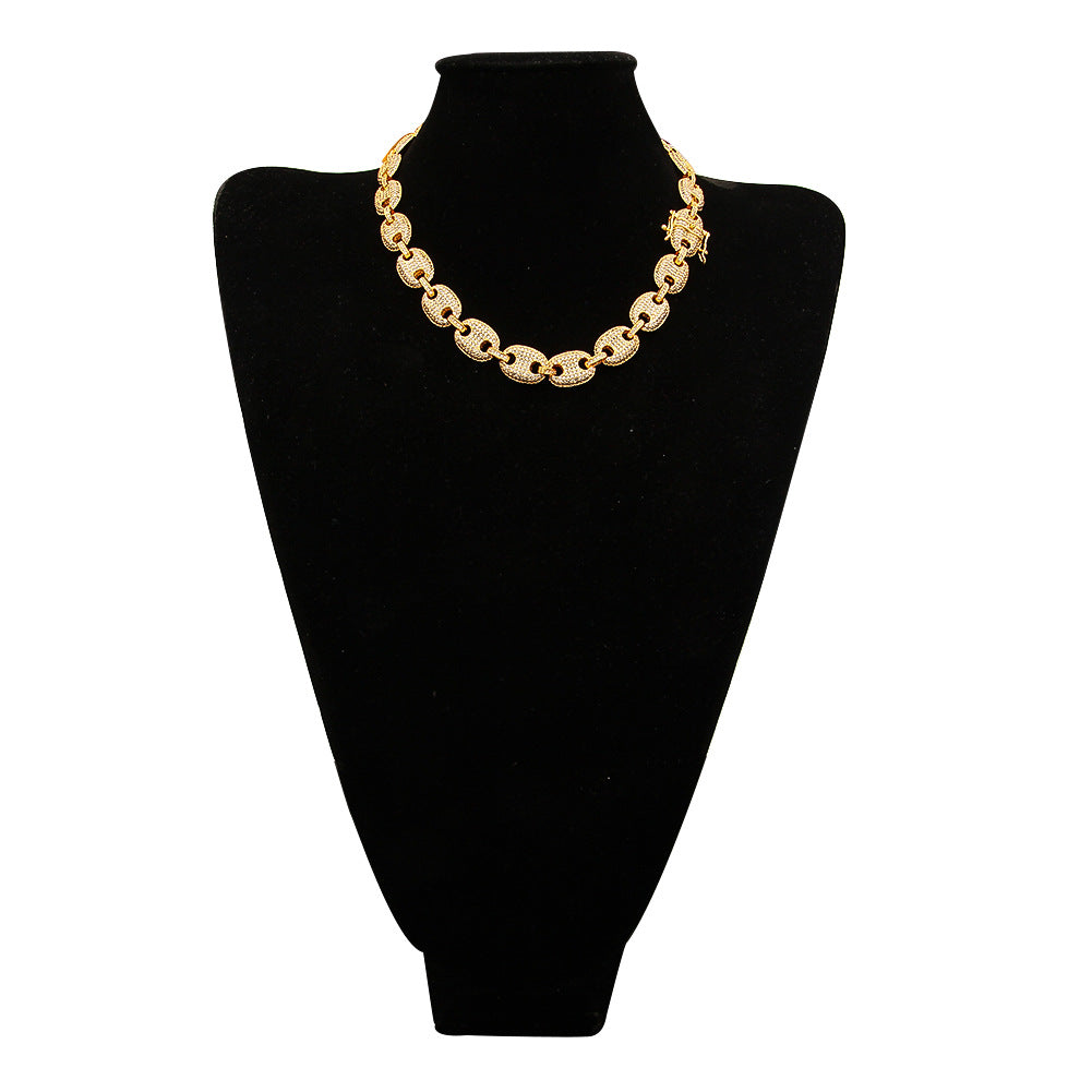 Unisex Iced Oval Link Chain Necklace with Cubic Zirconia, Gold Plated Hip Hop Statement Pendant Chain
