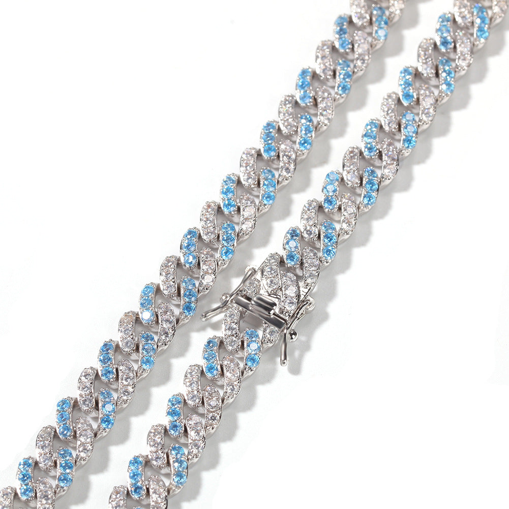 Iced Out Blue Cubic Zirconia Cuban Link Bracelet and Necklace Set for Women & Men