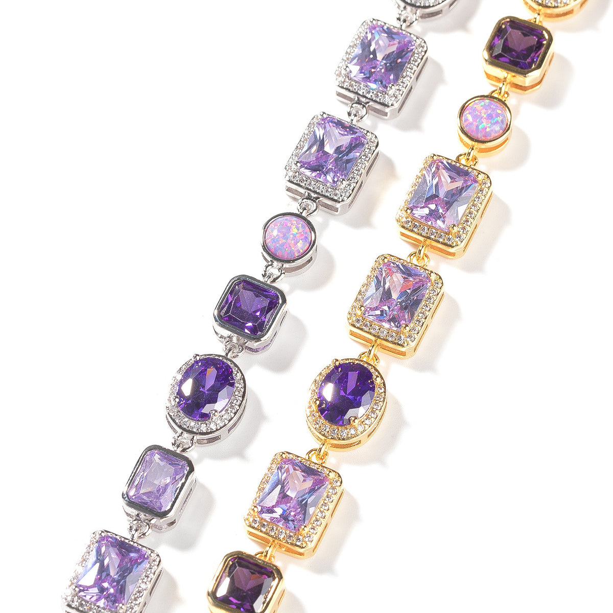 Purple Crystal Geometric Chain Necklace & Bracelet Set for Women and Men, Silver Plated Statement Pendant Jewelry product image