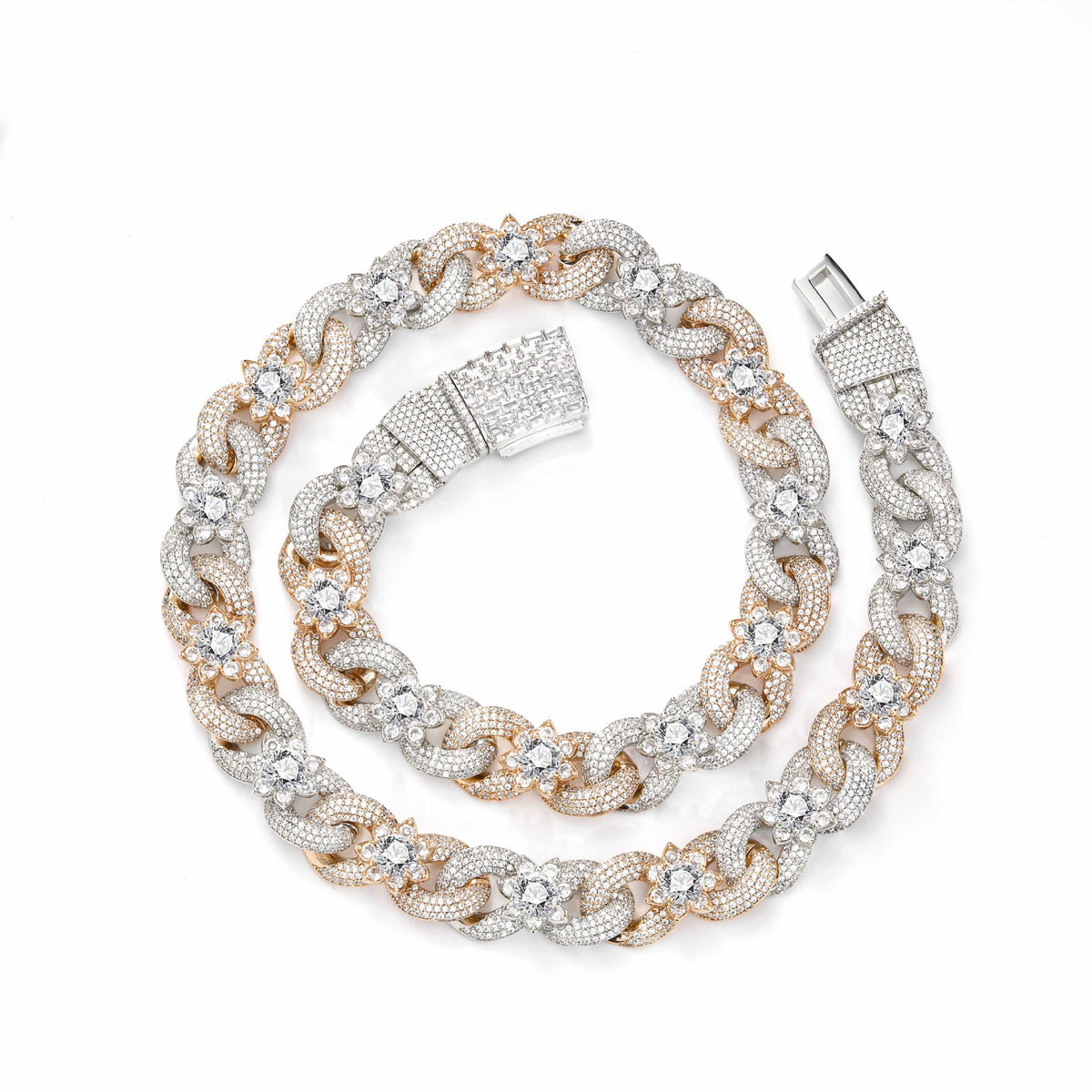 Iced Out Floral Cuban Link Chain Necklace, Two-Tone Hip Hop Style product image