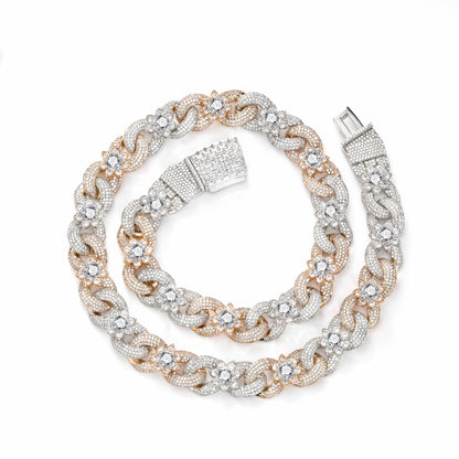 Iced Out Floral Cuban Link Chain Necklace, Two-Tone Hip Hop Style