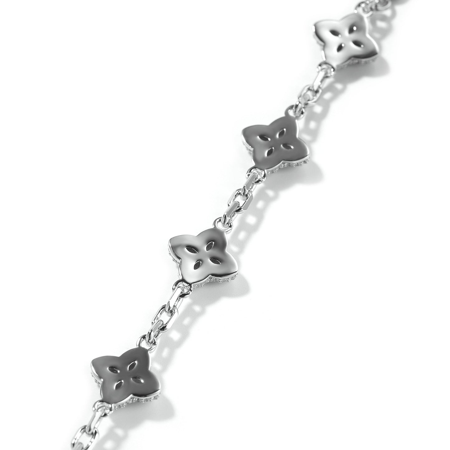 Silver Tone Four Leaf Clover Bracelet Necklace Set with Cubic Zirconia, Adjustable Unisex Statement Chain Jewelry