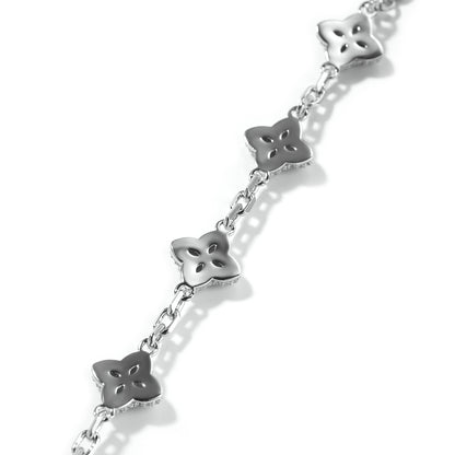 Silver Tone Four Leaf Clover Bracelet Necklace Set with Cubic Zirconia, Adjustable Unisex Statement Chain Jewelry