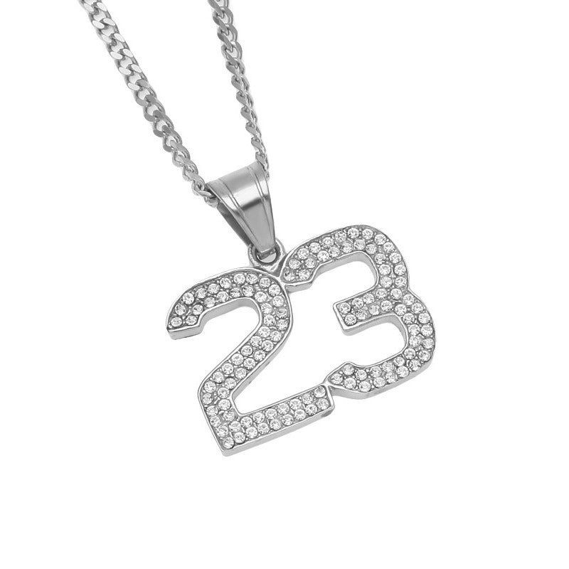 Iced Number 23 Pendant Necklace with 3mm Cuban Chain - Stainless Steel Gold or Silver Hip Hop Statement Necklace for Women and Men