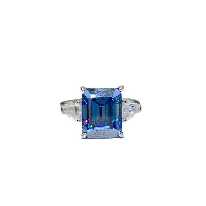 5 Carat Blue Moissanite Ring for Women, Emerald Cut Three Stone Engagement Ring product image