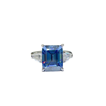 5 Carat Blue Moissanite Ring for Women, Emerald Cut Three Stone Engagement Ring