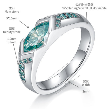 Marquise Blue-Green Moissanite Ring in Sterling Silver, Unisex Engagement Ring
