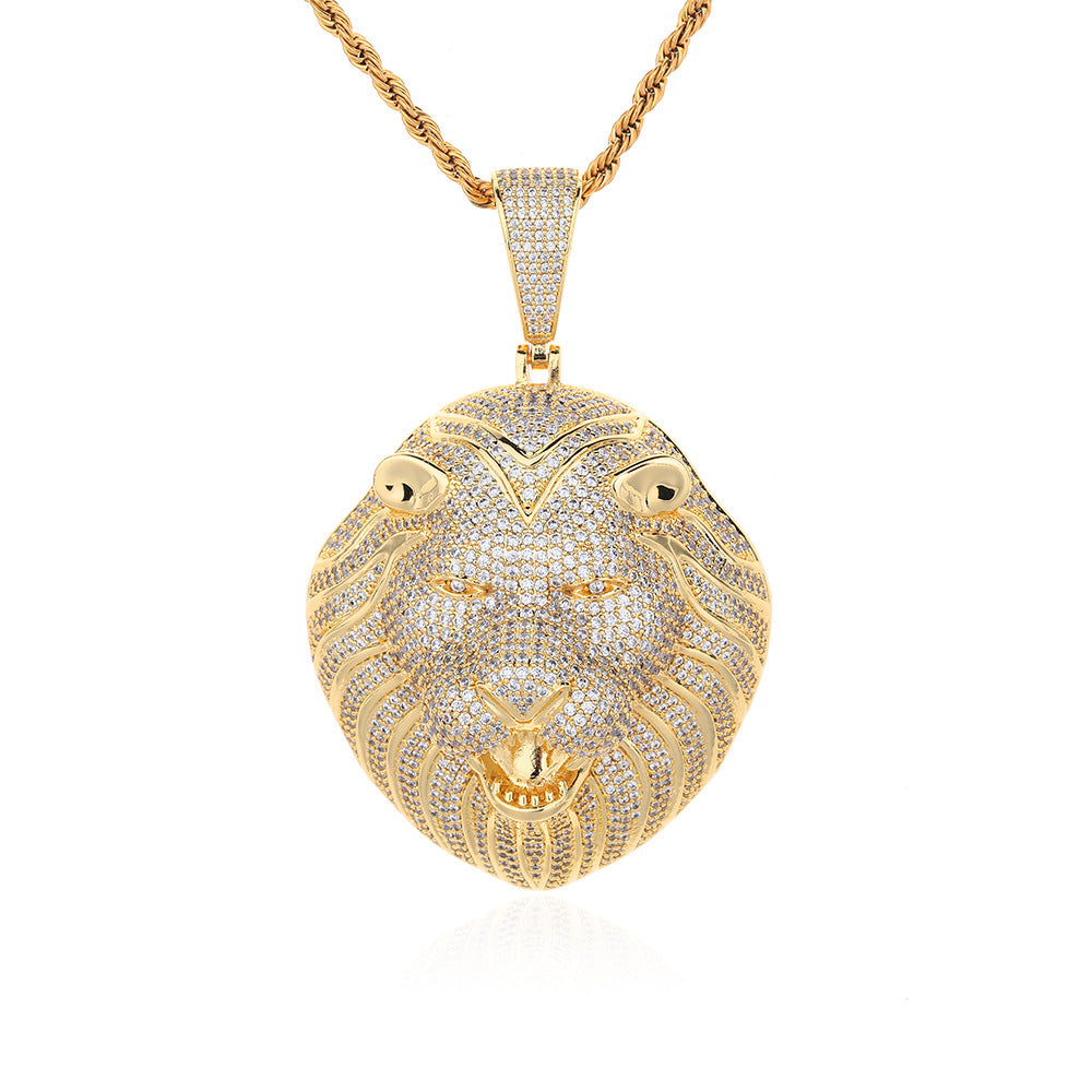 Lion Head Pendant Necklace, Micro-Set Zircon Rope Chain Hip Hop Jewelry