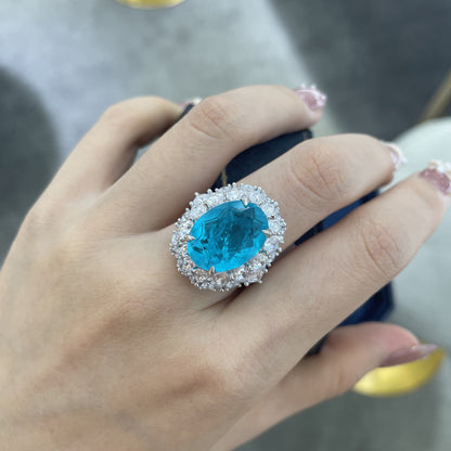 Lake Blue Oval Halo Ring for Women, 12-16mm Center Stone, S925 Silver Gold-Plated Ring