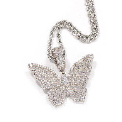 Iced Out Butterfly Pendant Necklace with Cubic Zirconia Chain for Women and Men
