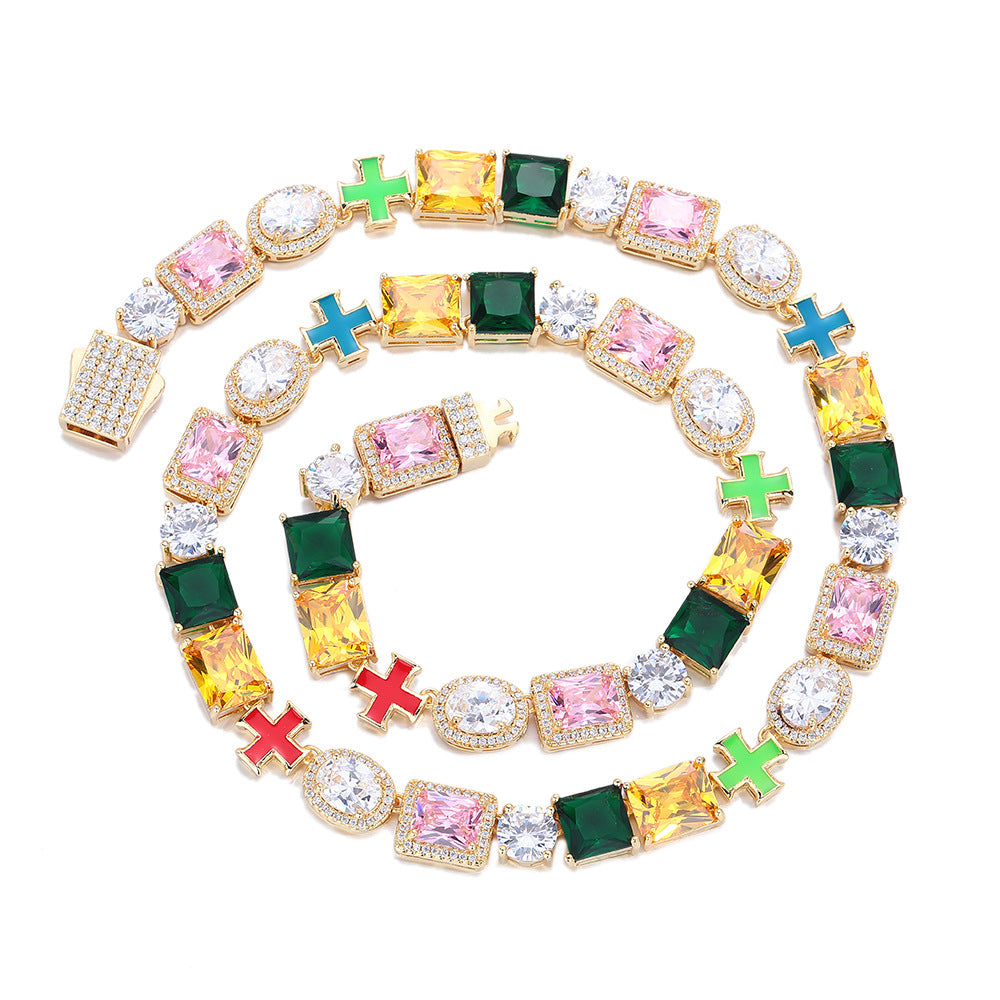 Colorful Cross Pendant Chain Necklace and Bracelet, 10mm Geometric Cubic Zirconia Jewelry Set product image