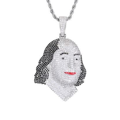 Portrait Face Zircon Hip Hop Pendant Necklace with Rope Chain