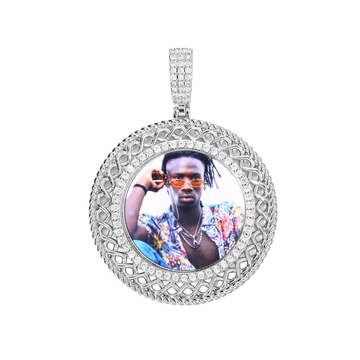 Iced Out Round Portrait Pendant Necklace with Rope Chain for Men and Women product image
