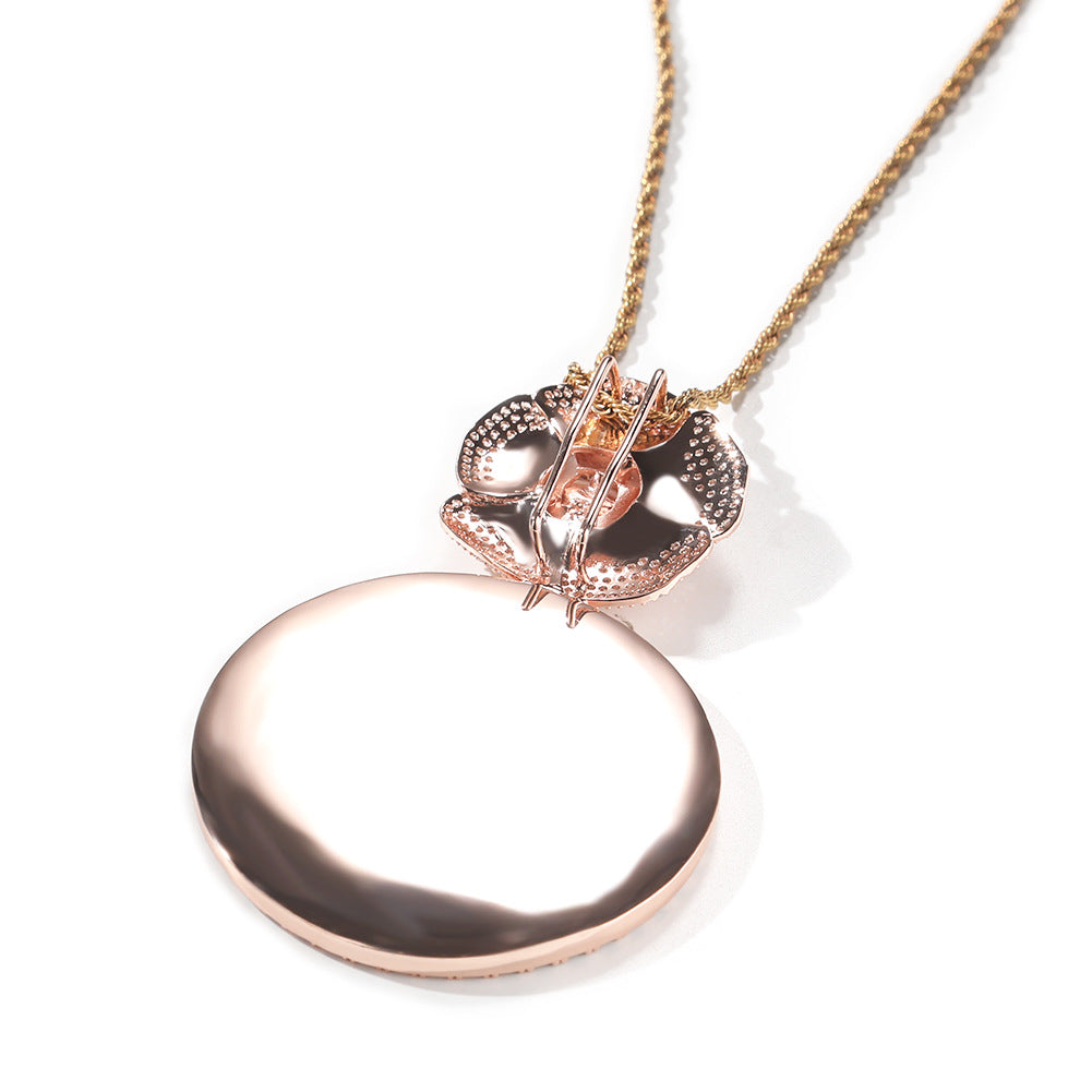 Hip Hop Rose Flower Photo Pendant Necklace with Cubic Zirconia Twist Chain for Women