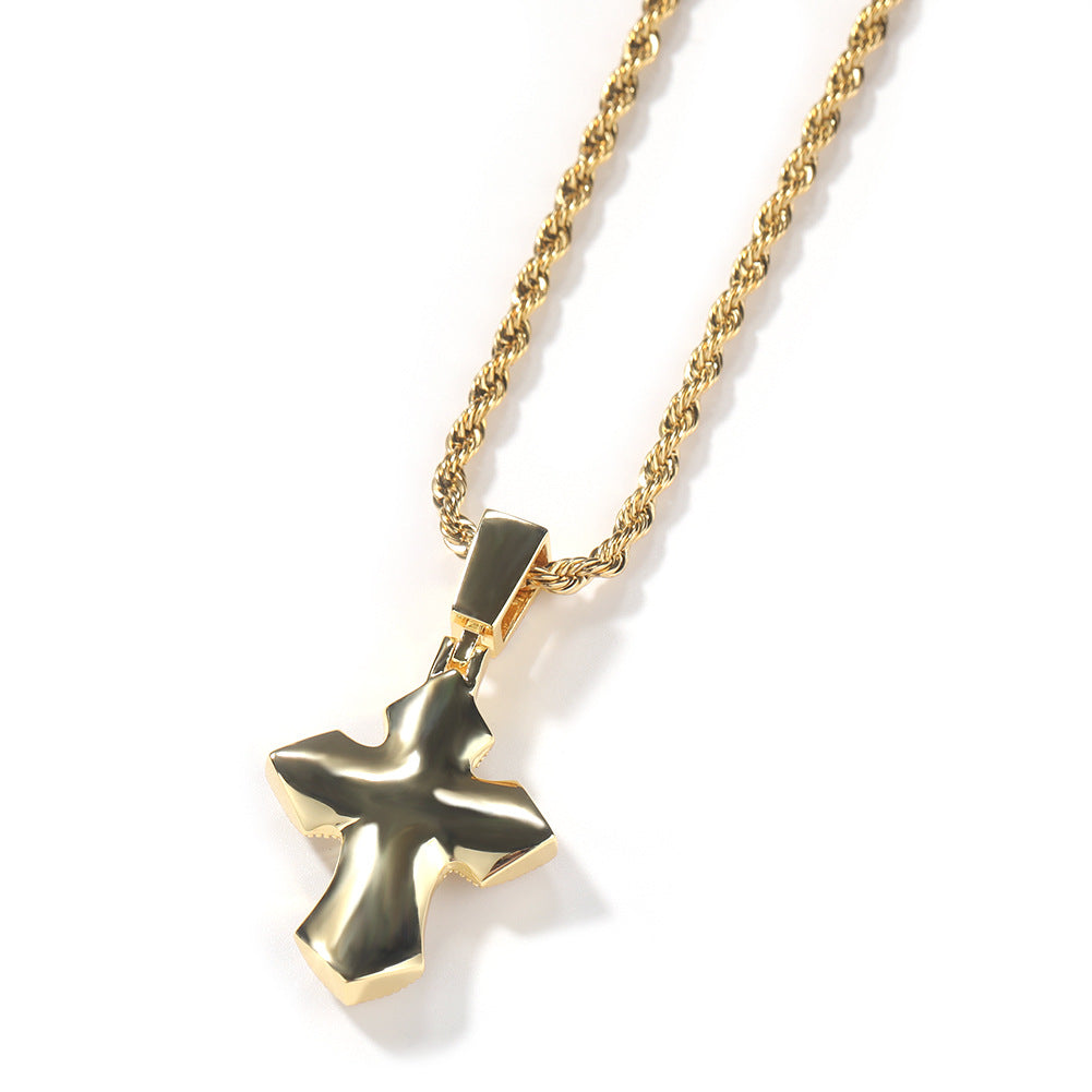 Iced Cross Pendant Necklace for Women with Cubic Zirconia, Twisted Chain 24 Inch, Gold Plated Copper Statement Jewelry