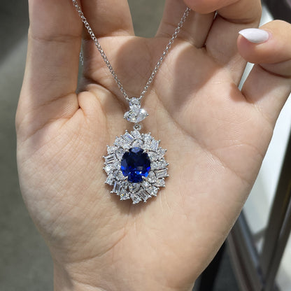 Blue Sapphire Necklace and Earrings Set, Lab-Grown Sapphire Halo Crystal Jewelry