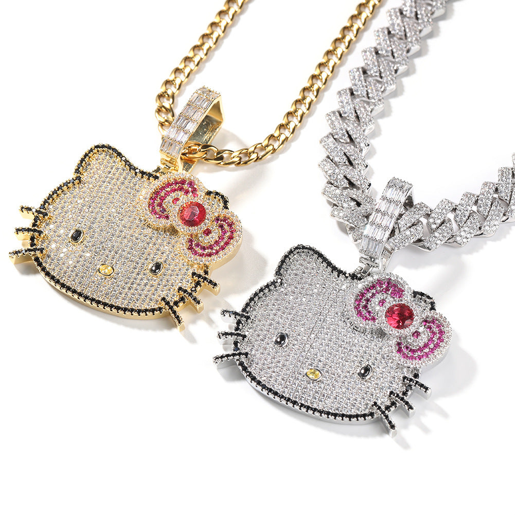 Iced Cat Pendant Necklace with Cubic Zirconia Twisted Chain for Women and Men