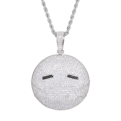 Emoji Face Hip Hop Pendant Necklace, Iced Out Zircon Charm, Rope Chain Style