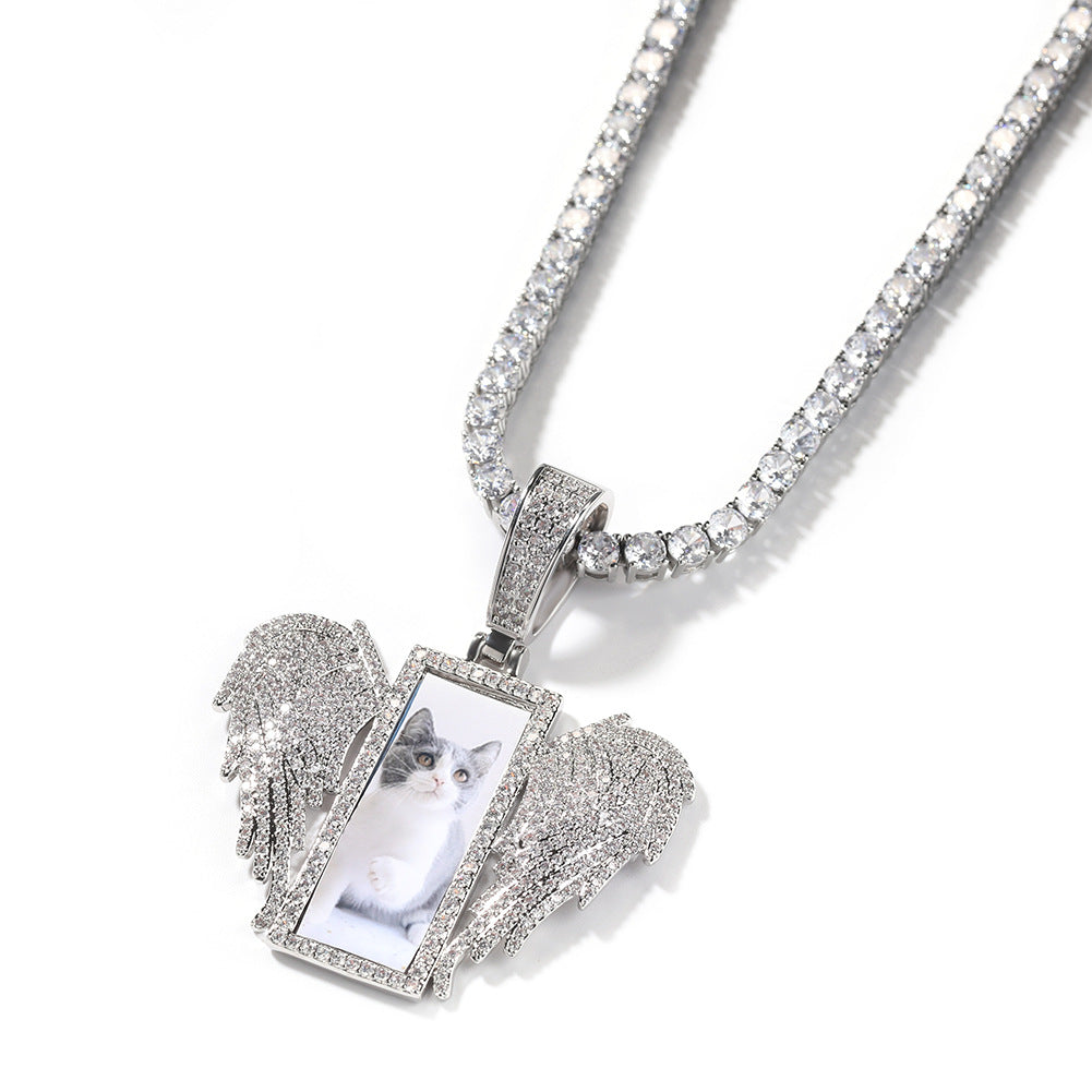 Iced Wing Photo Pendant Necklace with Cuban Twist Chain for Women & Men