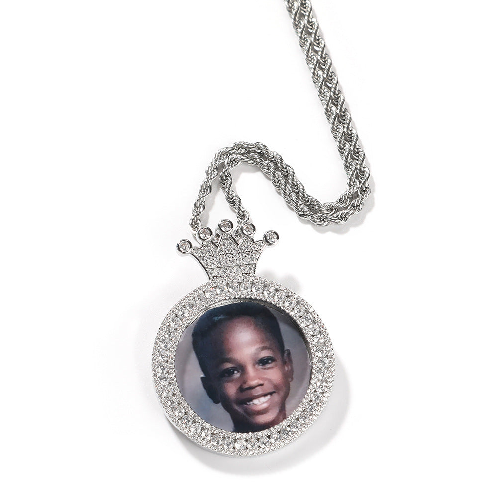 Custom Crown Round Photo Pendant Necklace with Cubic Zirconia Twisted Chain for Women