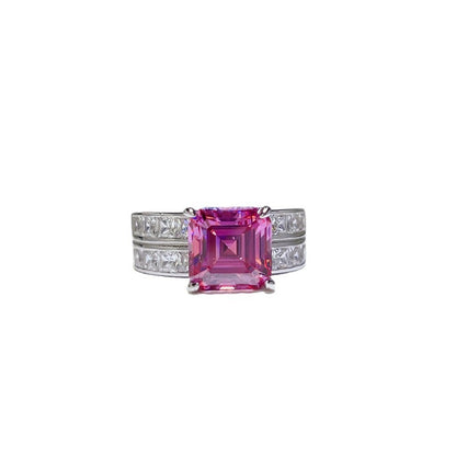 Pink Moissanite Ring with U-Shape Double Band, Square Cut Statement Ring