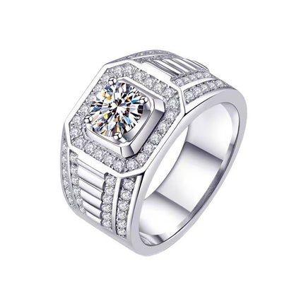 Men’s Moissanite Halo Ring in PT950 Platinum, U-Shape Wedding Engagement Ring