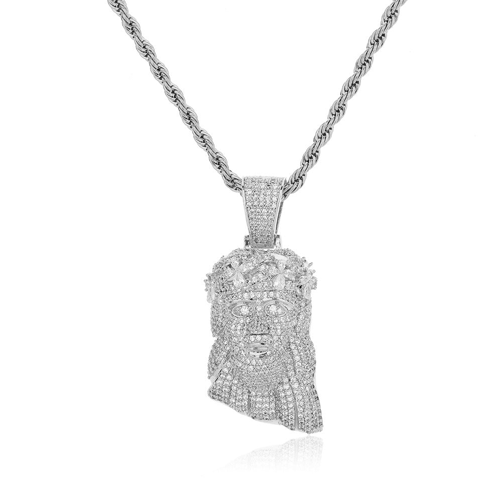 Hip Hop Crown Portrait Pendant Necklace with Twisted Rope Chain, Pave CZ Cartoon Face Jewelry, White-Tone or Gold-Tone product image