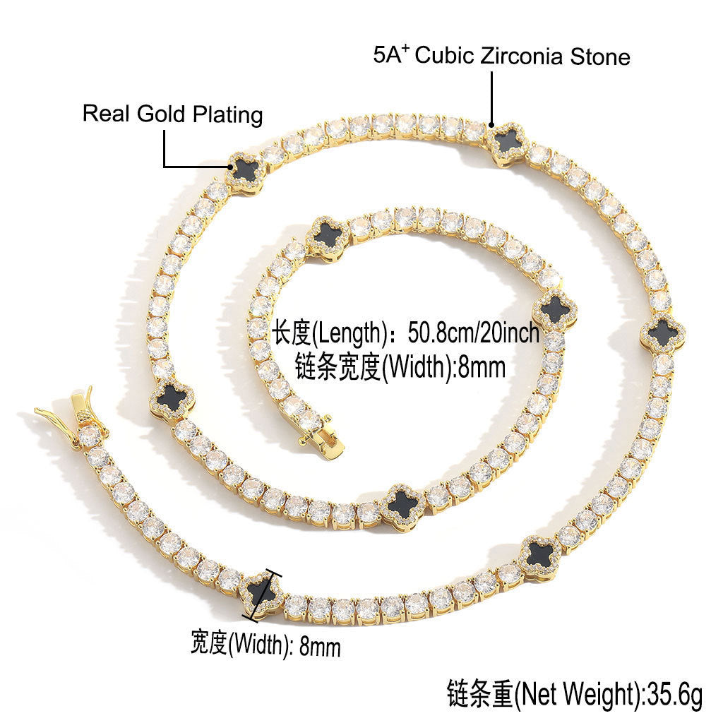 Hip Hop Light Luxury Four Leaf Clover Tennis Chain Cubic Zirconia Necklace for Men