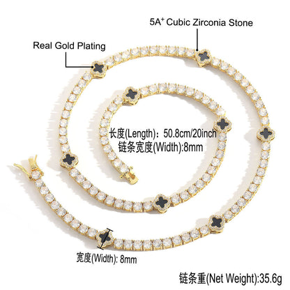 Hip Hop Light Luxury Four Leaf Clover Tennis Chain Cubic Zirconia Necklace for Men