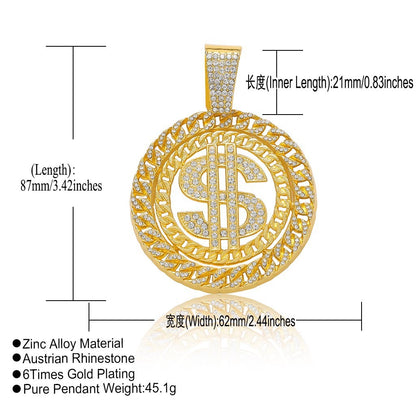 Hip Hop Cuban Link Dollar Alloy Pendant Necklace for Men and Women