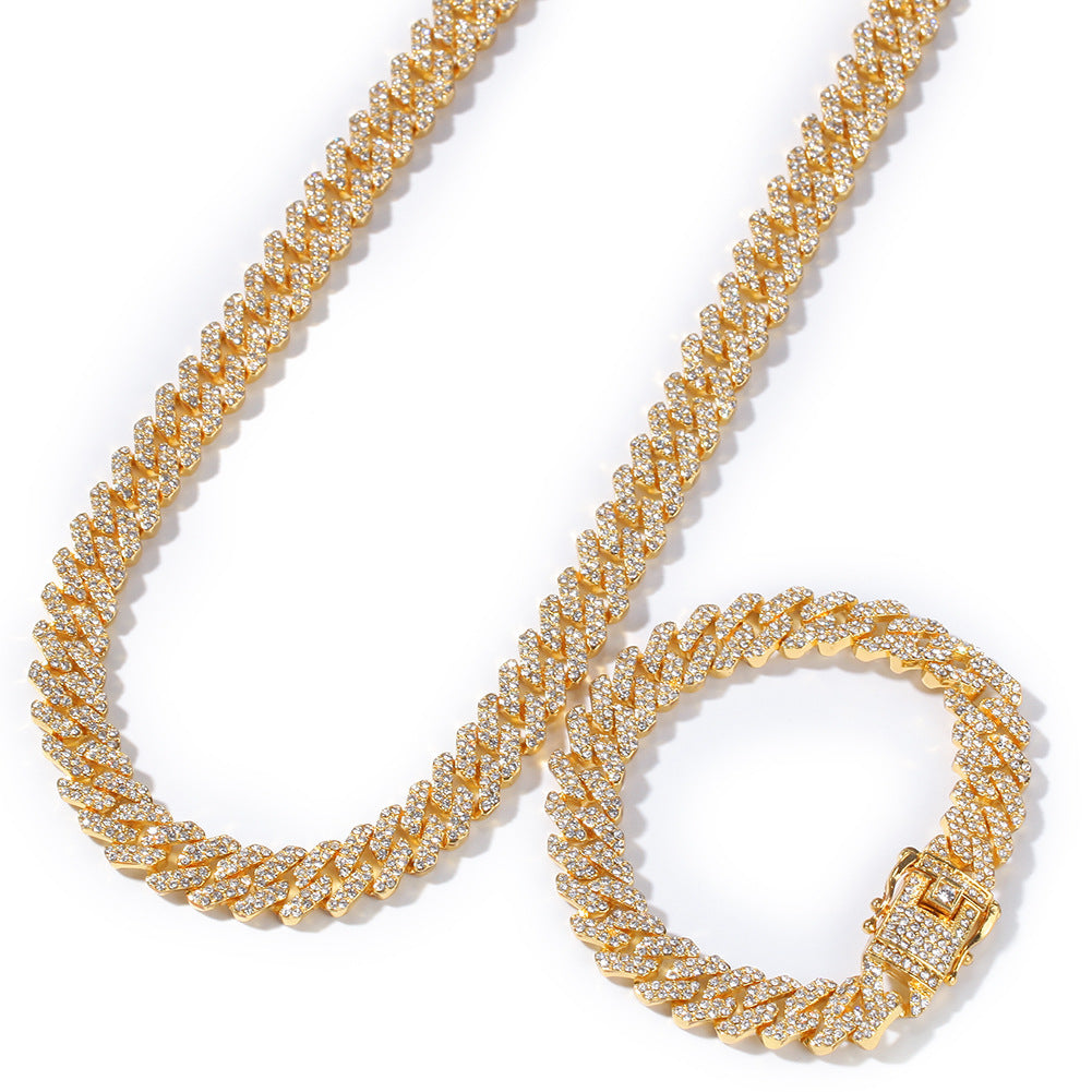 Men’s Iced Out Cuban Link Chain Necklace & Bracelet Set, Gold Plated or Silver Plated Crystal Statement Jewelry