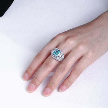 Blue Square Halo Ring for Women, 5 Carat Look, S925 Silver with 18K Gold-Plated Finish