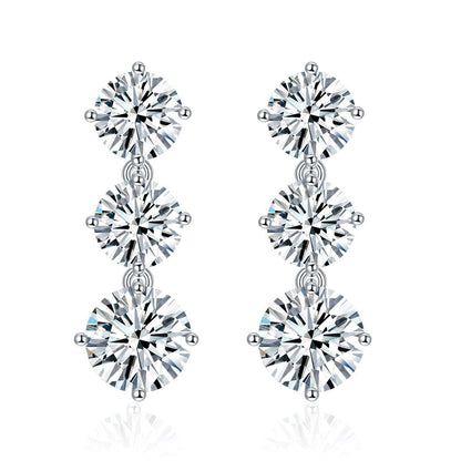 925 Silver Moissanite Three-Stone Drop Earrings, 6.0mm Prong-Set Stud Design